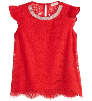 Top de renda enfeitado Monteau Big Girl's vermelho tamanho XL