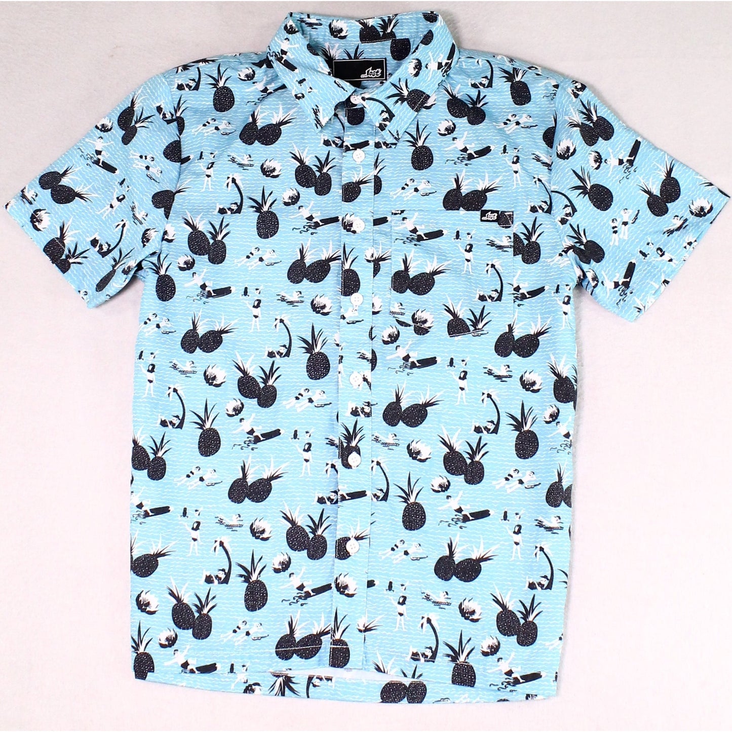 Camisa masculina Lost com botões e estampa de manga curta, azul, tamanho pequeno