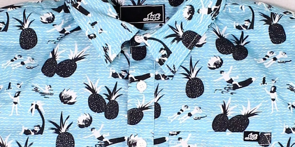 Camisa masculina Lost com botões e estampa de manga curta, azul, tamanho pequeno