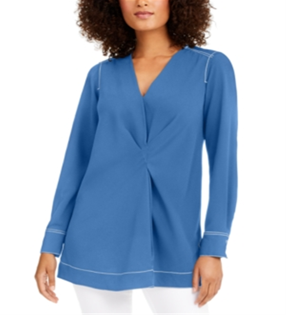 Blusa túnica feminina Alfani com decote em V e acabamento contrastante, azul, tamanho médio