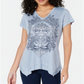 Camiseta feminina com estampa gráfica e bainha de lenço, estilo &amp; co, azul, tamanho pequeno pequeno