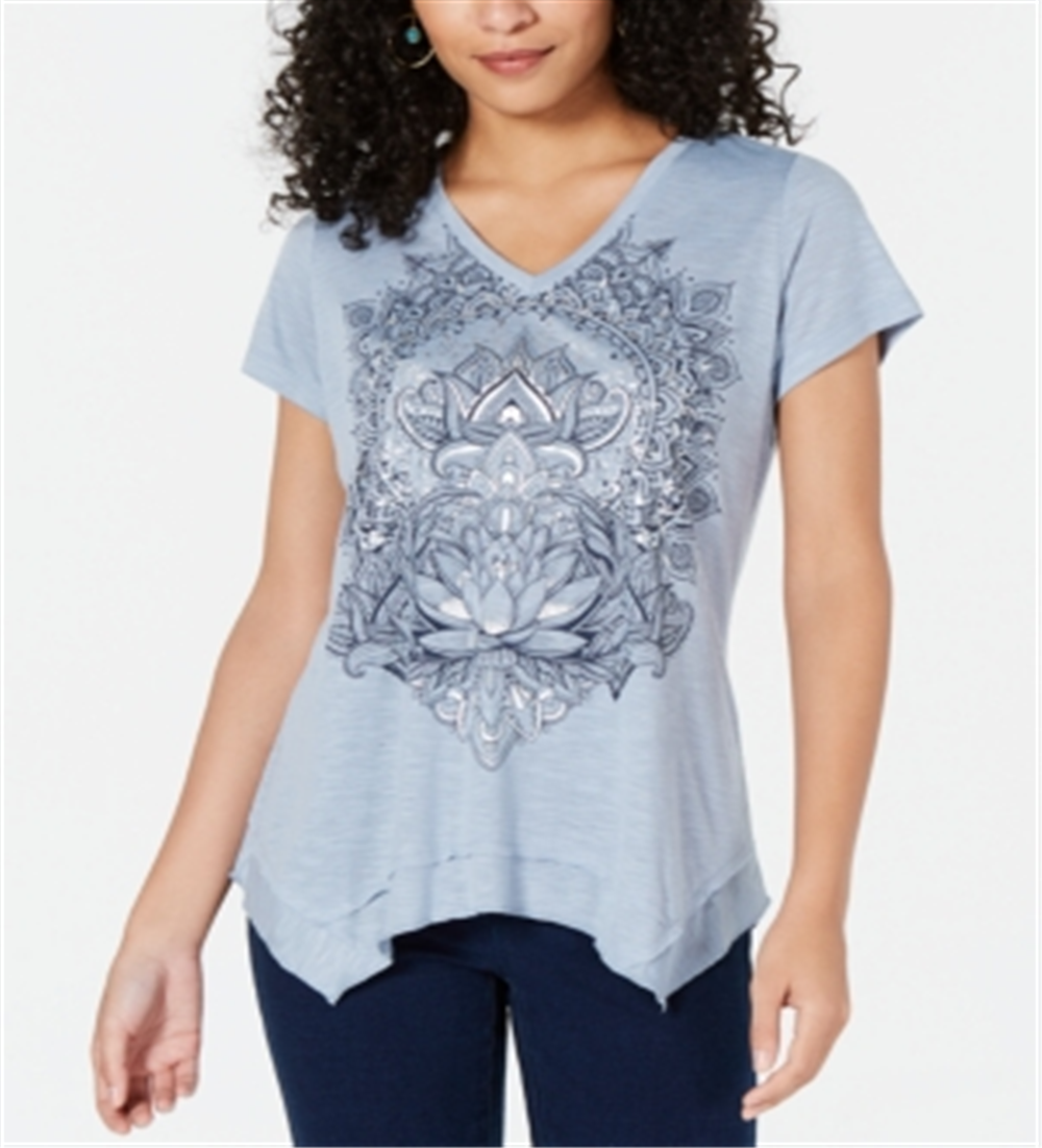 Camiseta feminina com estampa gráfica e bainha de lenço, estilo &amp; co, azul, tamanho pequeno pequeno