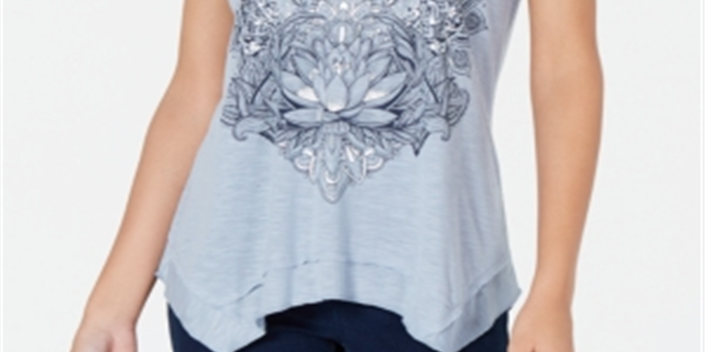 Camiseta feminina com estampa gráfica e bainha de lenço, estilo &amp; co, azul, tamanho pequeno pequeno