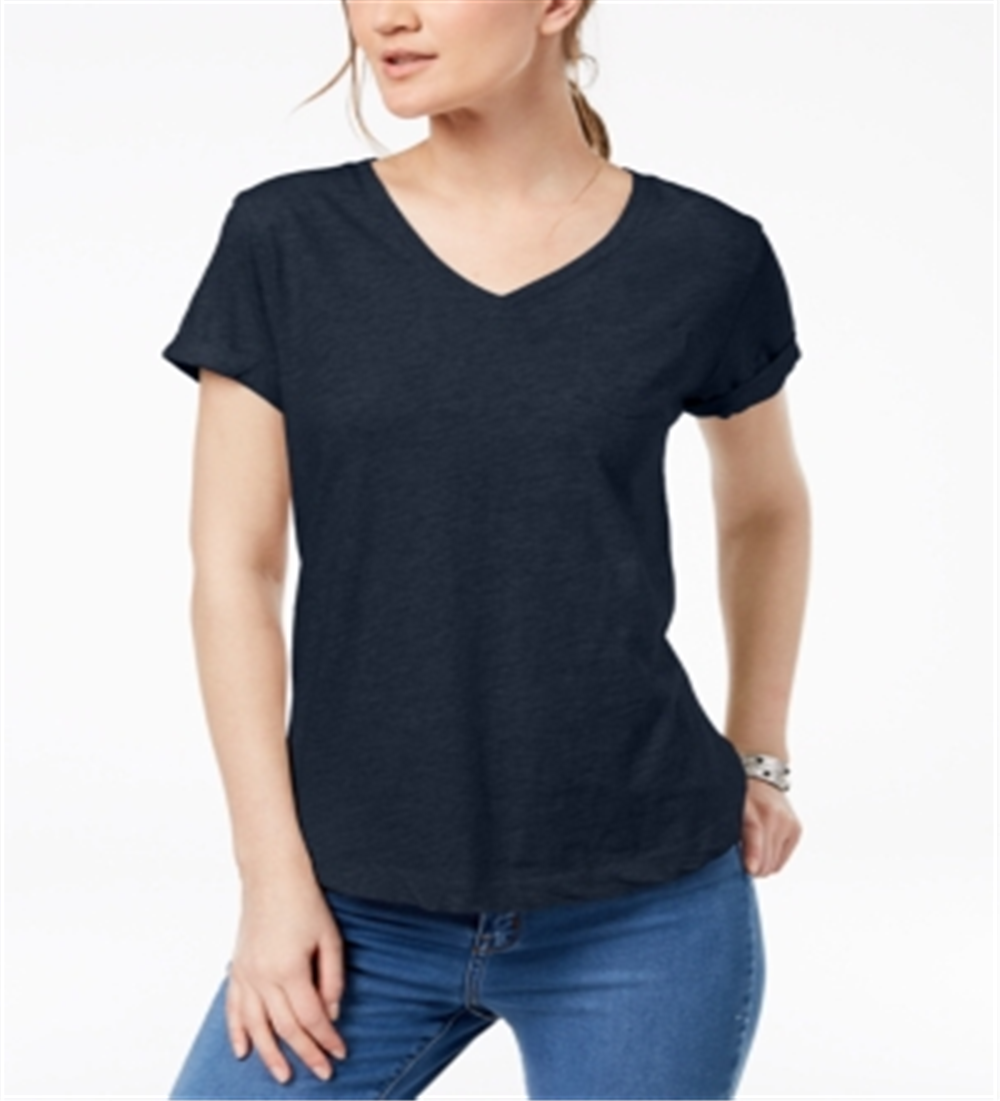 Camiseta feminina com decote em V e bolso, estilo &amp; co, azul, tamanho pequeno P