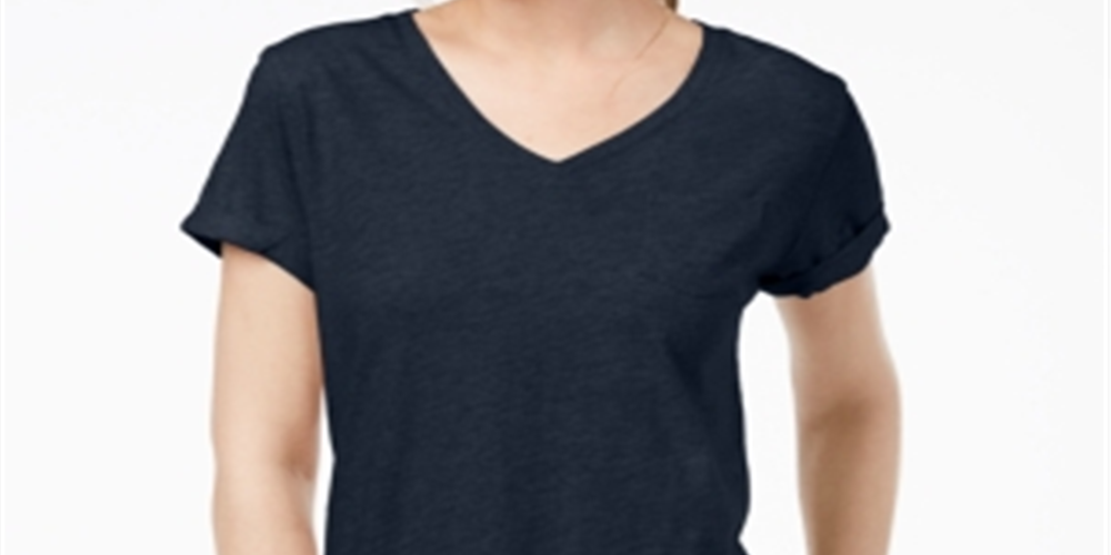 Camiseta feminina com decote em V e bolso, estilo &amp; co, azul, tamanho pequeno P