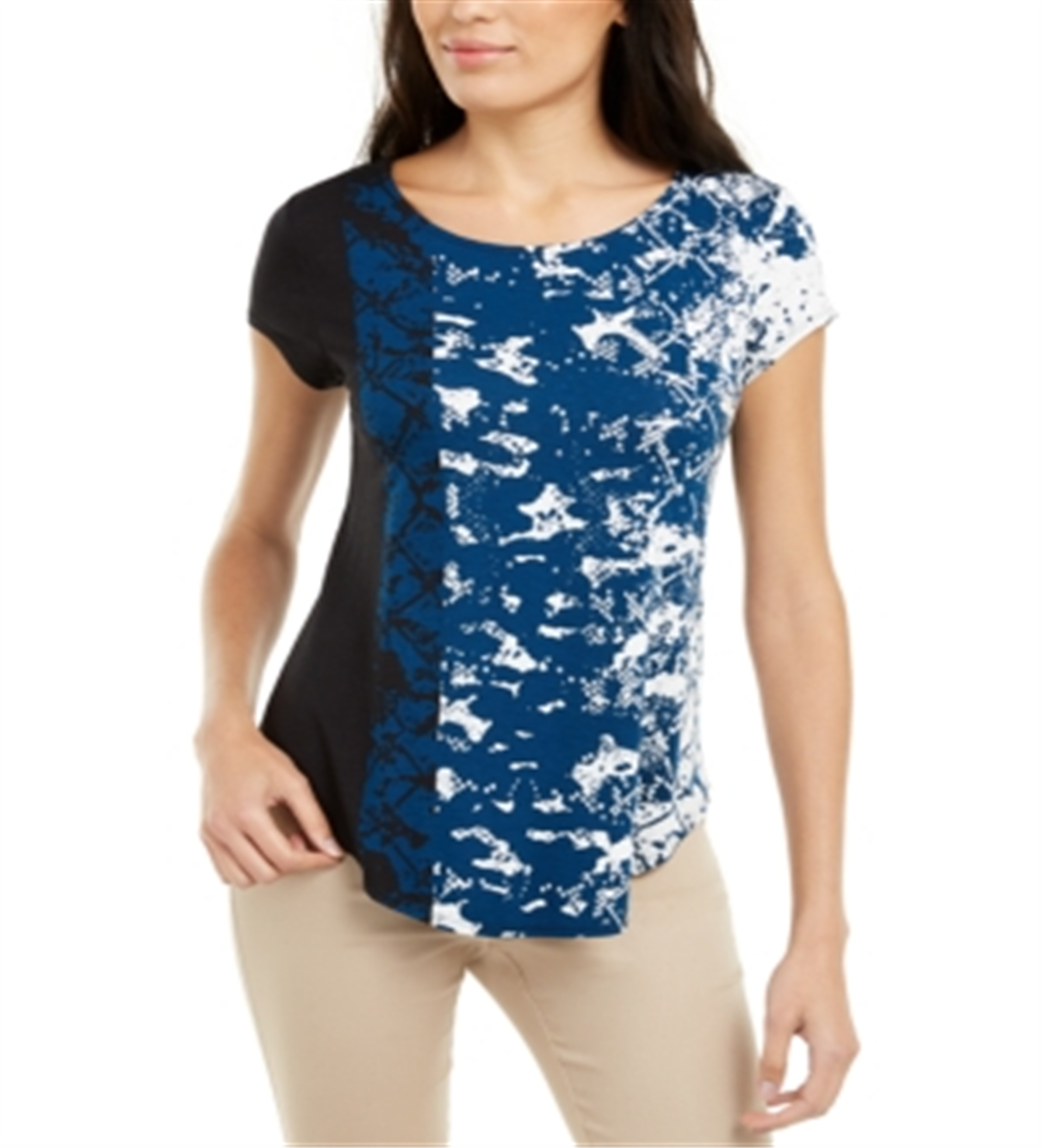 Camiseta feminina Alfani estampada com bainha redonda, azul, tamanho pequeno P/M