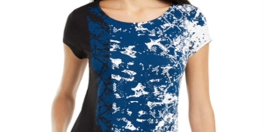 Camiseta feminina Alfani estampada com bainha redonda, azul, tamanho pequeno P/M
