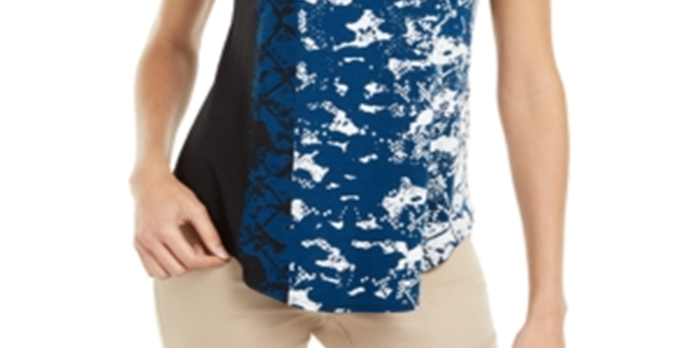 Camiseta feminina Alfani estampada com bainha redonda, azul, tamanho pequeno P/M