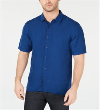 Camisa masculina Alfani de linho para uso no trabalho, azul, tamanho 3XL