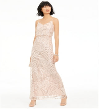 Adrianna Papell Women's  Sequined Spaghetti Strap V Neck Maxi Evening Sheath Dress Pink Size 16