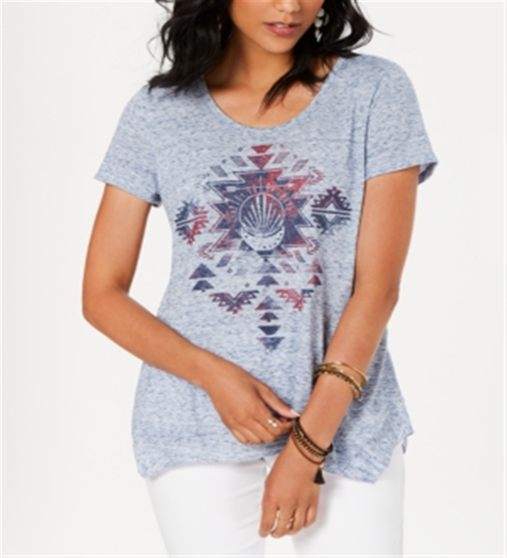 Top feminino com bainha de lenço gráfico estilo &amp; co, azul, tamanho pequeno M