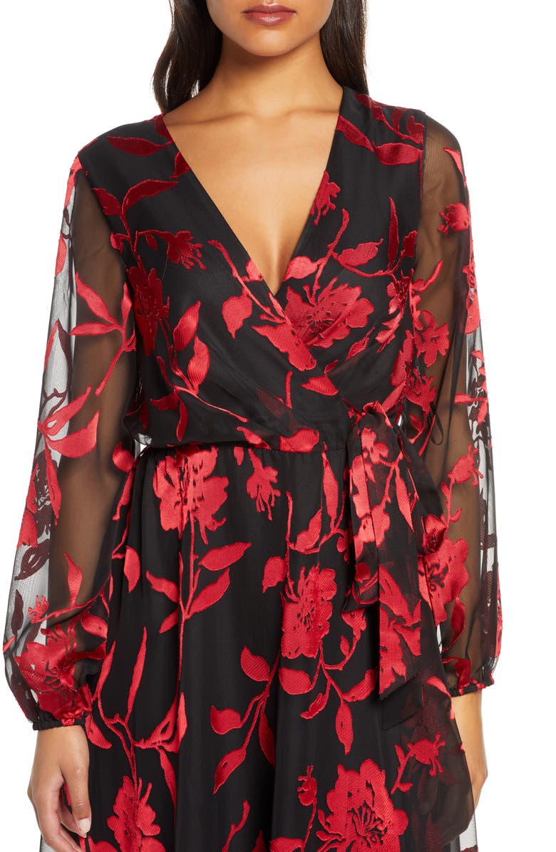 Vestido envelope falso com estampa floral Julia Jordan feminino, vermelho, tamanho 10