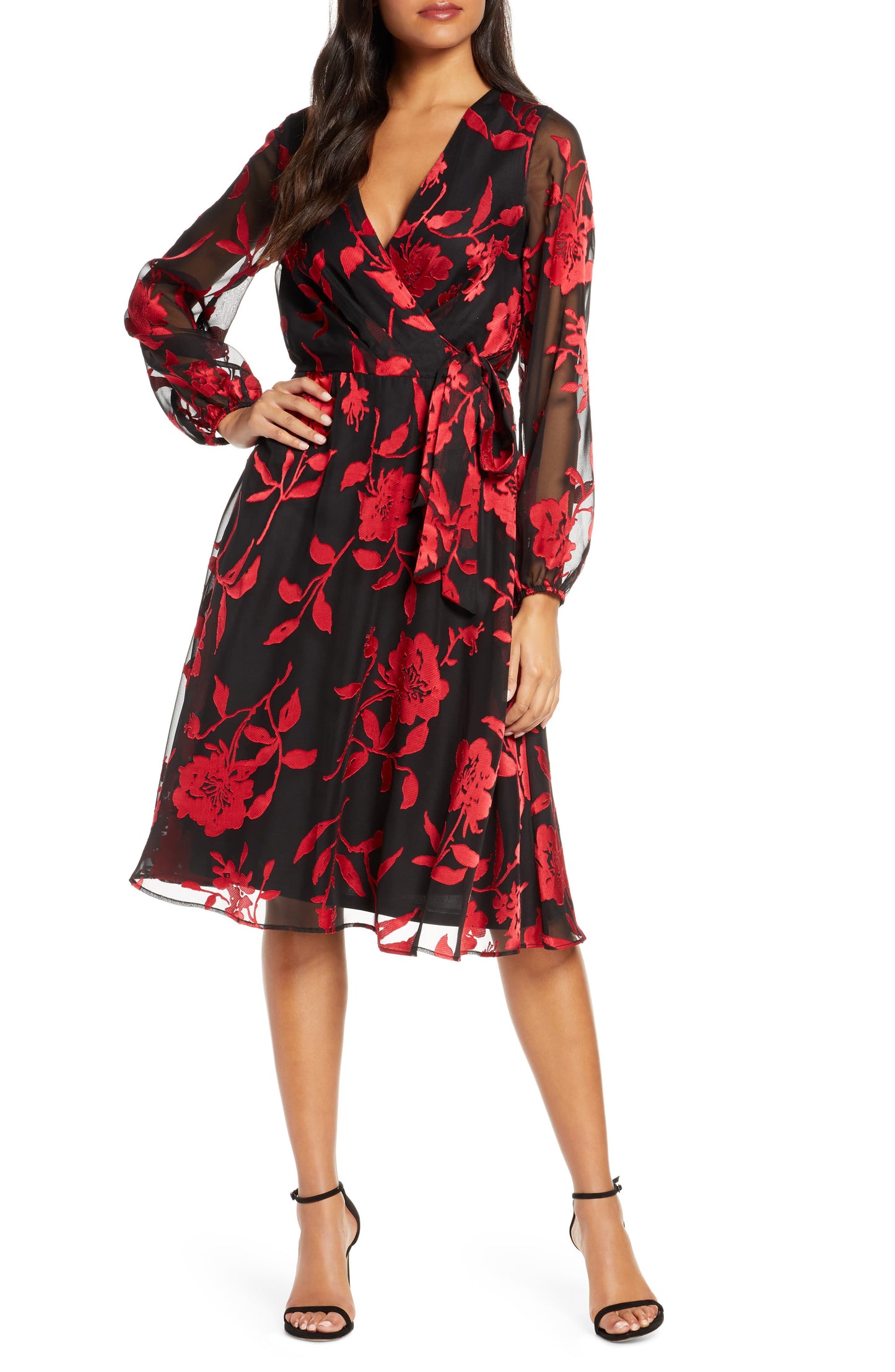 Vestido envelope falso com estampa floral Julia Jordan feminino, vermelho, tamanho 10