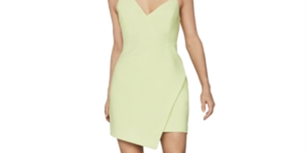 Vestido curto feminino BCBGMAXAZRIA, sem mangas, assimétrico, com decote em V, cor limão, tamanho 12
