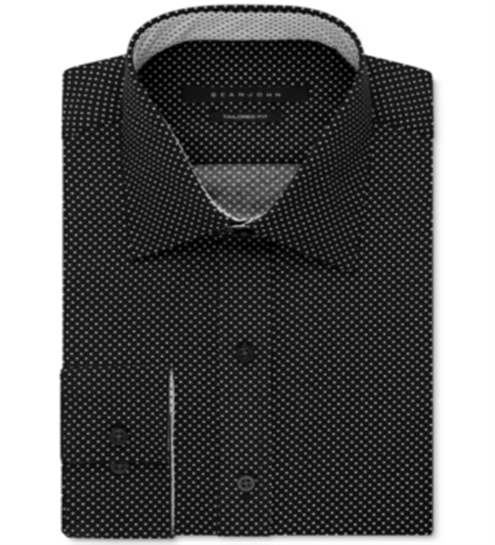 Camisa social masculina Sean John com estampa de bolinhas, preta, tamanho 18,5 x 34-35
