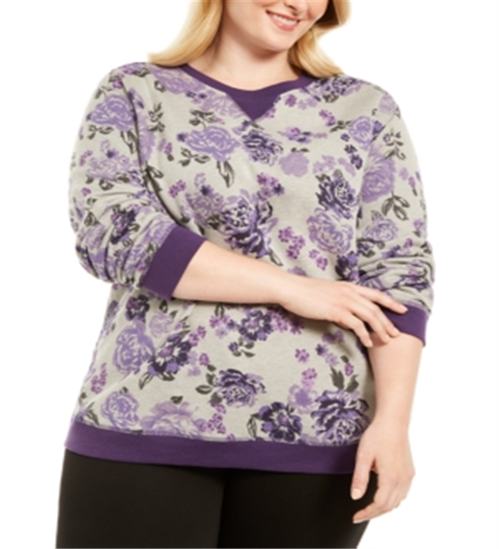 Blusa feminina Karen Scott de lã estampada com gola redonda, cinza, tamanho 2X