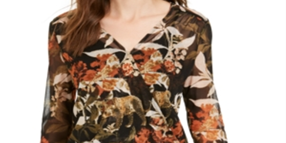 Top feminino com estampa sintética e transpassado INC International Concepts, preto, tamanho pequeno G