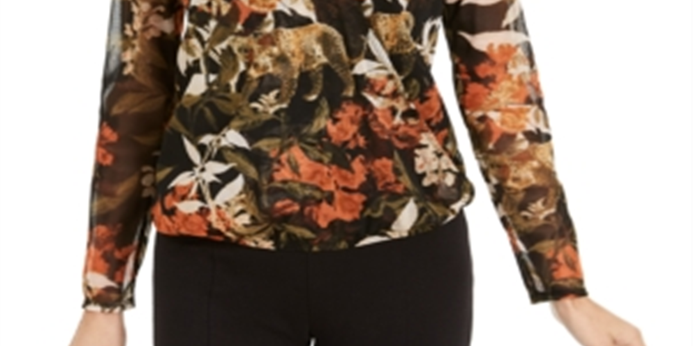 Top feminino com estampa sintética e transpassado INC International Concepts, preto, tamanho pequeno G