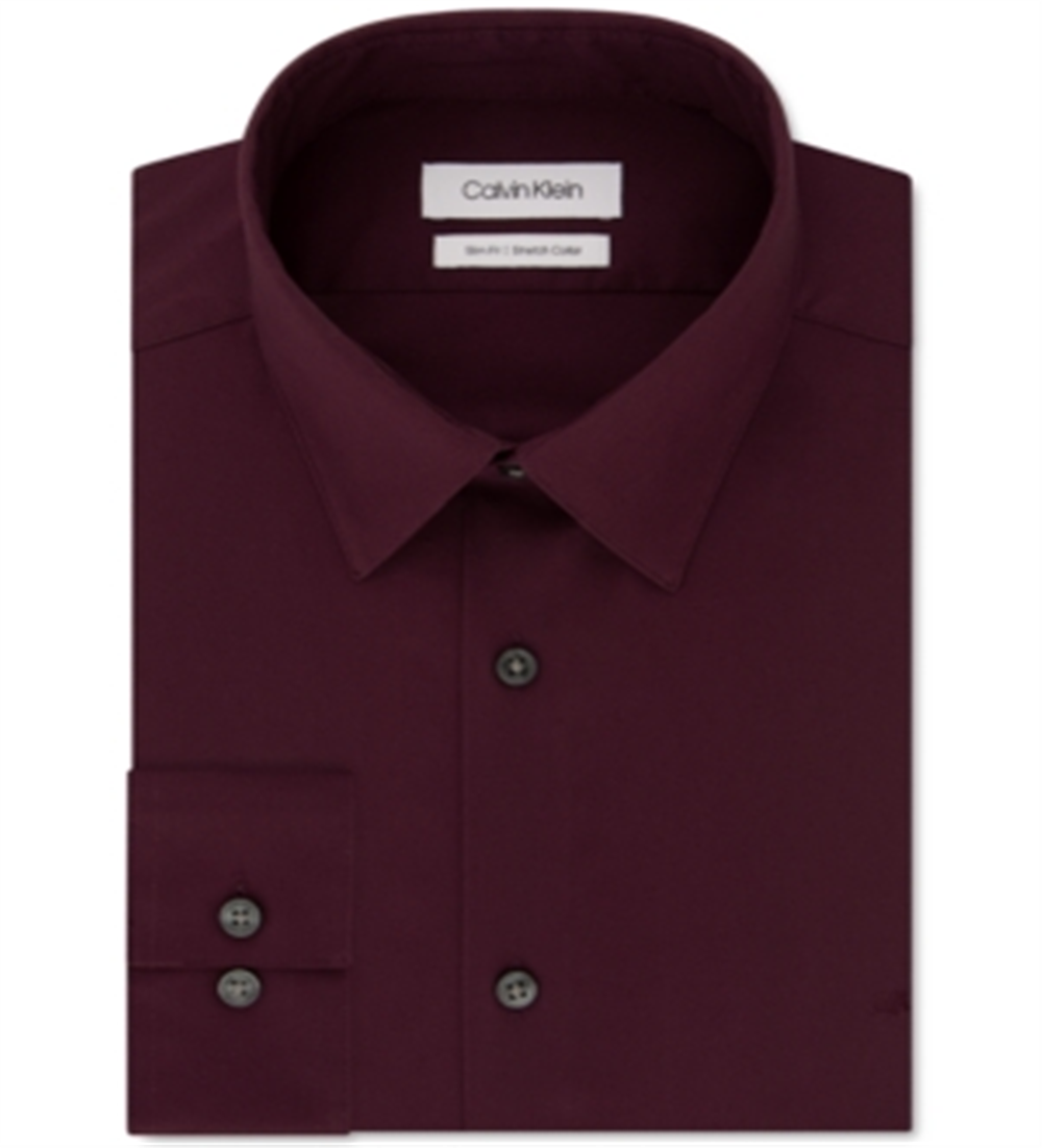 Camisa social Calvin Klein masculina slim fit com gola flexível elástica, tamanho vinho, 17,5 x 34-35