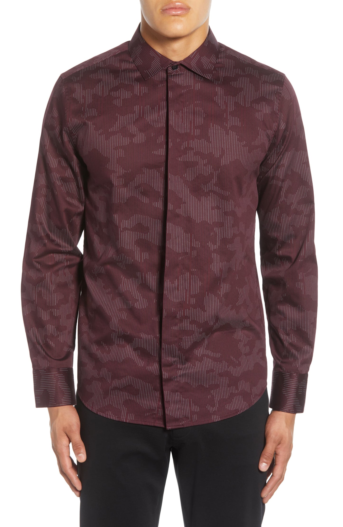 Camisa casual masculina Karl Lengerfeld com estampa camuflada, tamanho médio, vermelha