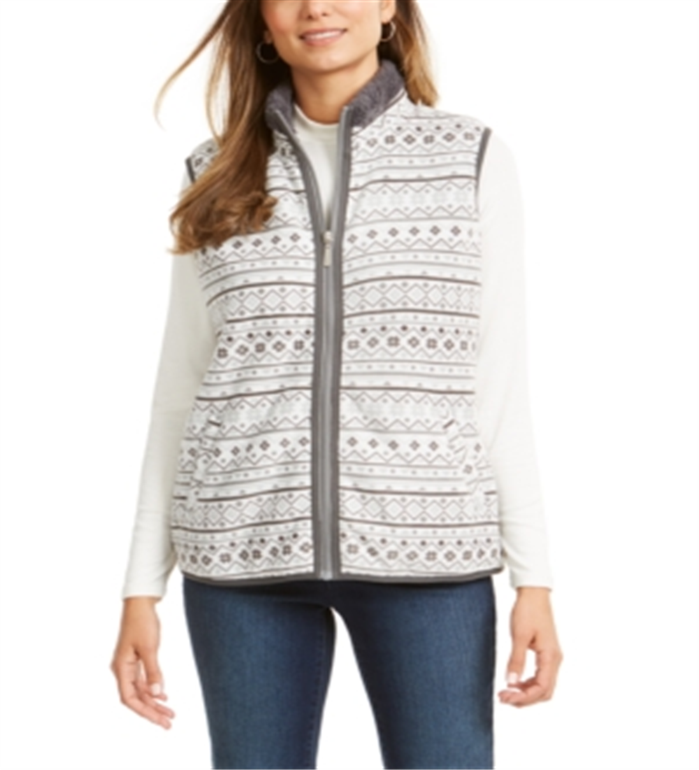 Colete feminino Karen Scott Sport Fairisle com estampa Sherpa e acabamento cinza, tamanho M