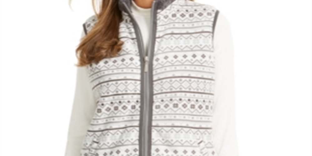 Colete feminino Karen Scott Sport Fairisle com estampa Sherpa e acabamento cinza, tamanho M