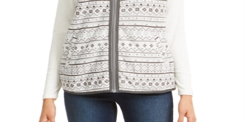 Colete feminino Karen Scott Sport Fairisle com estampa Sherpa e acabamento cinza, tamanho M