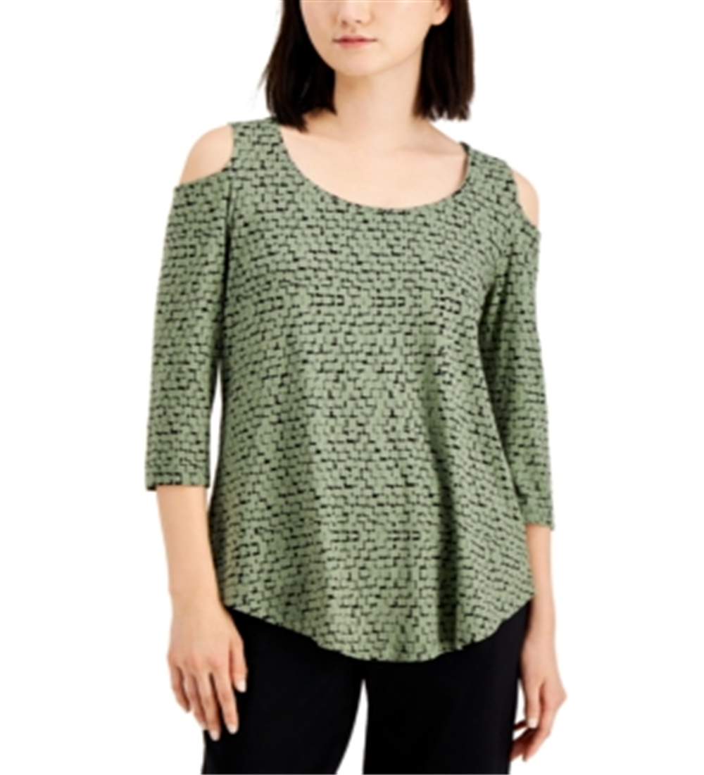 Blusa feminina com estampa geométrica e ombros descobertos, verde, tamanho M, da coleção JM