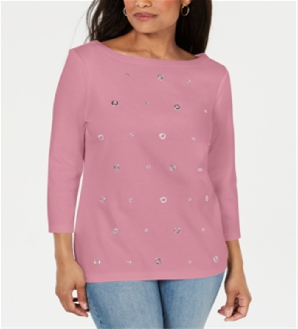 Karen Scott Top Feminino de Algodão com Ilhós e Manga 3/4 Rosa Tamanho Pequeno P
