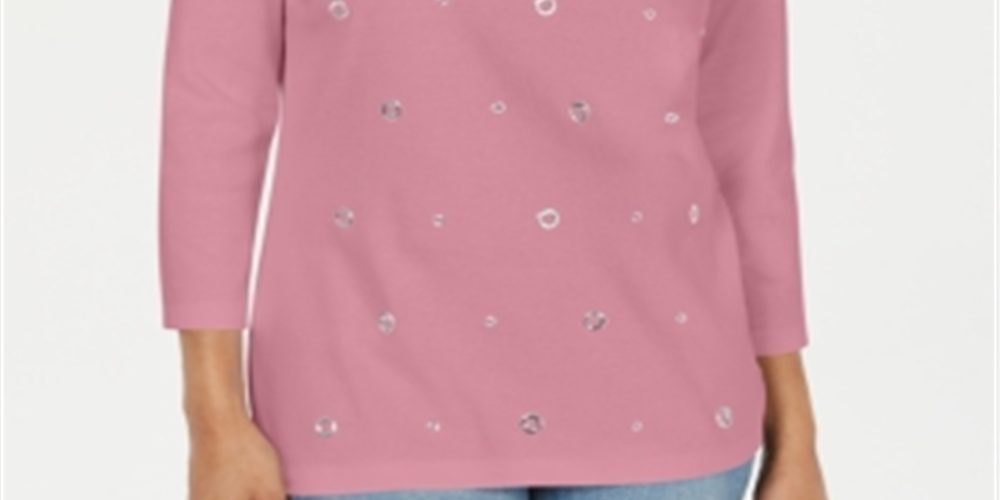 Karen Scott Top Feminino de Algodão com Ilhós e Manga 3/4 Rosa Tamanho Pequeno P
