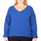 Blusa feminina plus size com decote em V e manga franzida, tamanho 1X, azul, da coleção NY