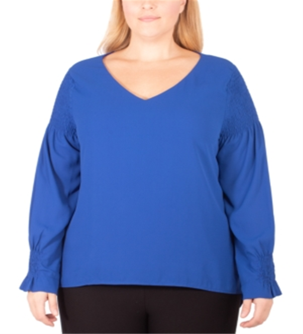 Blusa feminina plus size com decote em V e manga franzida, tamanho 1X, azul, da coleção NY