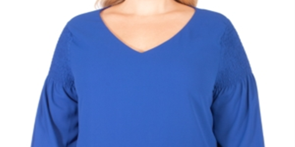 Blusa feminina plus size com decote em V e manga franzida, tamanho 1X, azul, da coleção NY