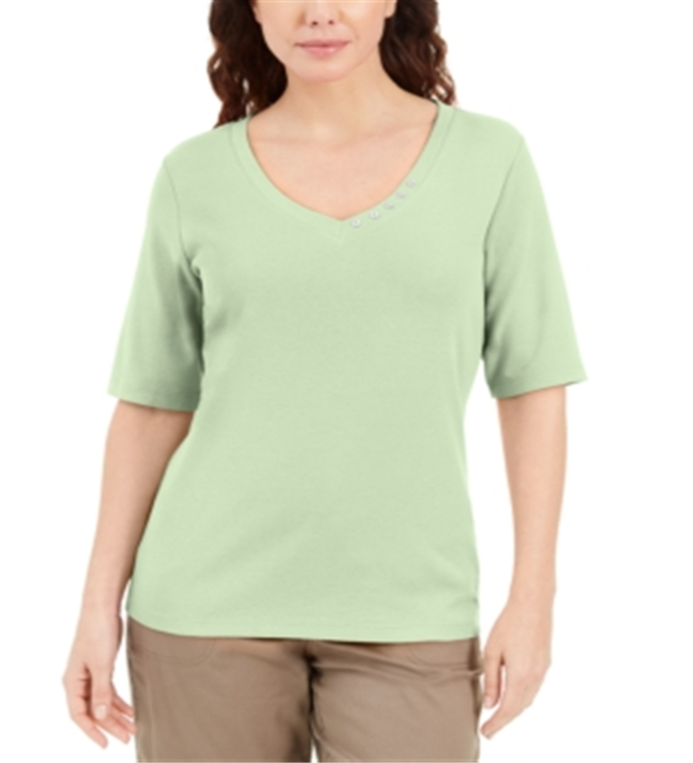 Blusa feminina Karen Scott com decote em V e detalhes em botões, verde, tamanho extragrande