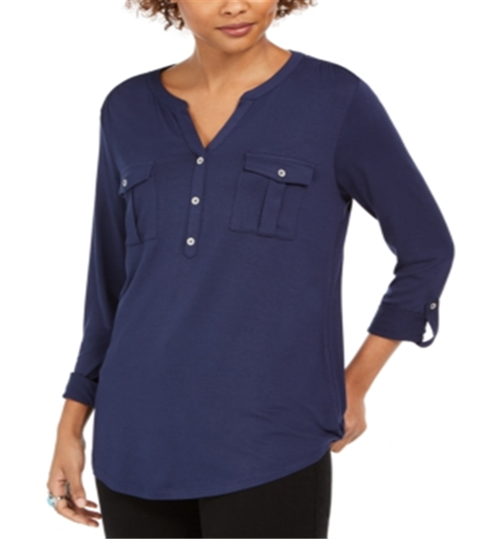Blusa feminina estilo &amp; co com decote em V e punho mesclado, azul, tamanho pequeno