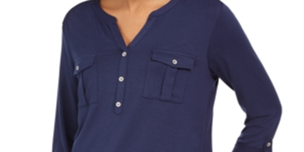 Blusa feminina estilo &amp; co com decote em V e punho mesclado, azul, tamanho pequeno