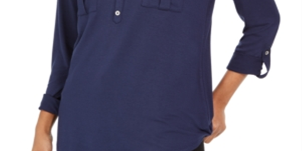 Blusa feminina estilo &amp; co com decote em V e punho mesclado, azul, tamanho pequeno