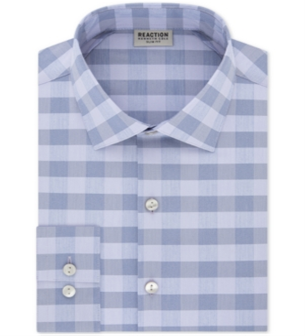 Camisa social masculina Kenneth Cole Reaction Slim Fit Performance Stretch Check Azul Tamanho 32-33