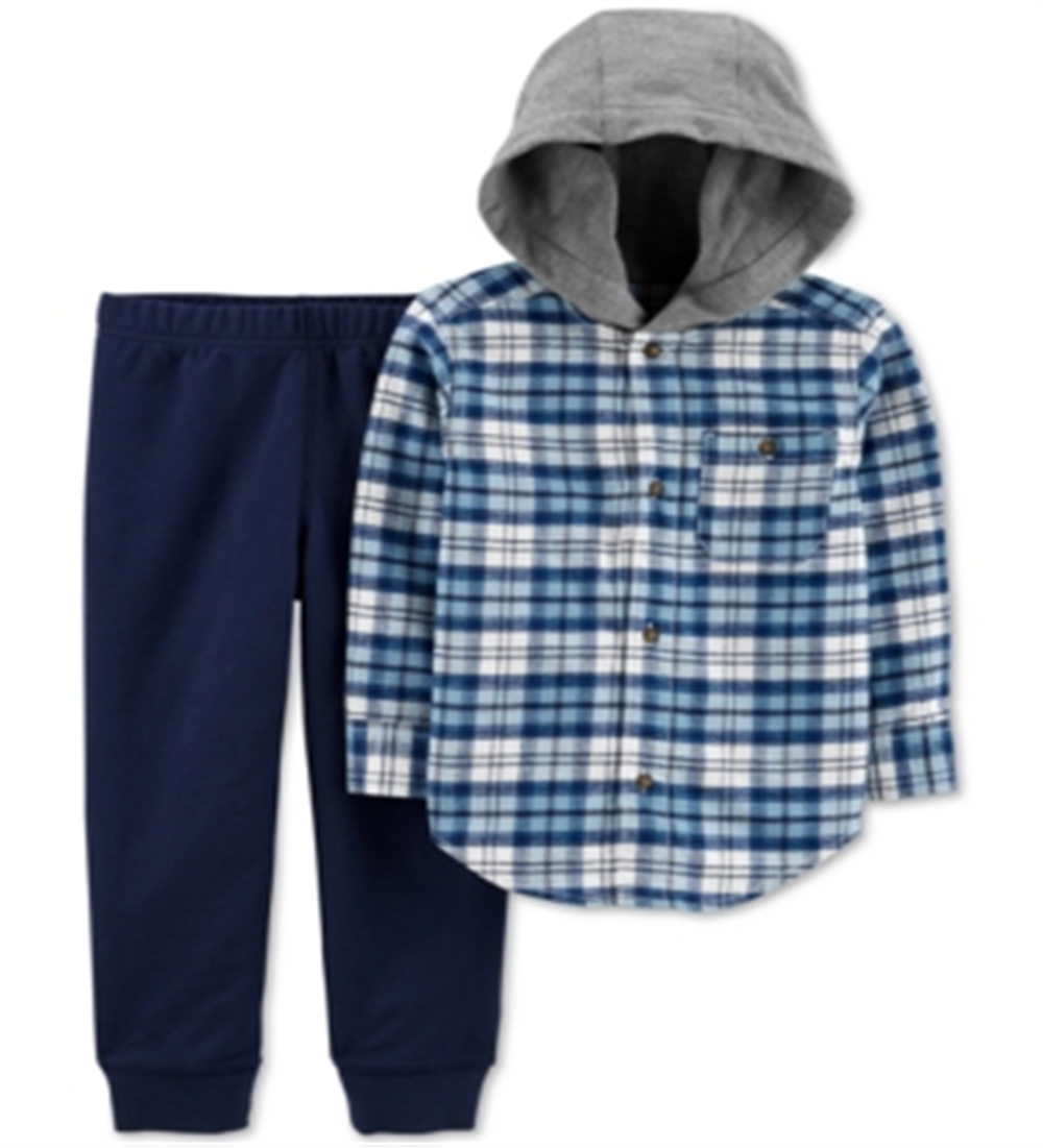Carter's Infantil Menino Camisa de Flanela com Capuz de Algodão e Conjunto de 2 Peças Calça Jogger Azul Tamanho 9 Meses