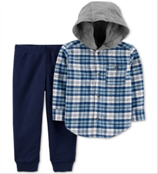 Carter's Infant Boy's Cotton Hooded Flannel Shirt and Set 2 Piece Set Jogger Pants Blue Size 9 Months
