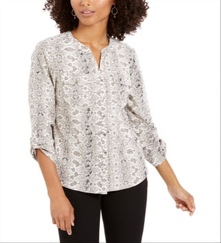 Blusa feminina NY Collection com estampa de mangas bufantes e botões frontais, cinza, tamanho pequeno XS