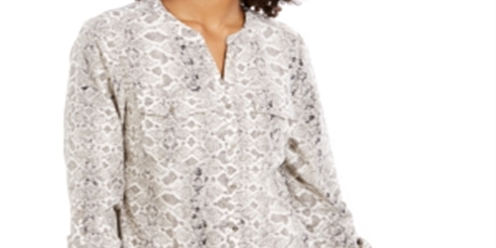 Blusa feminina NY Collection com estampa de mangas bufantes e botões frontais, cinza, tamanho pequeno XS