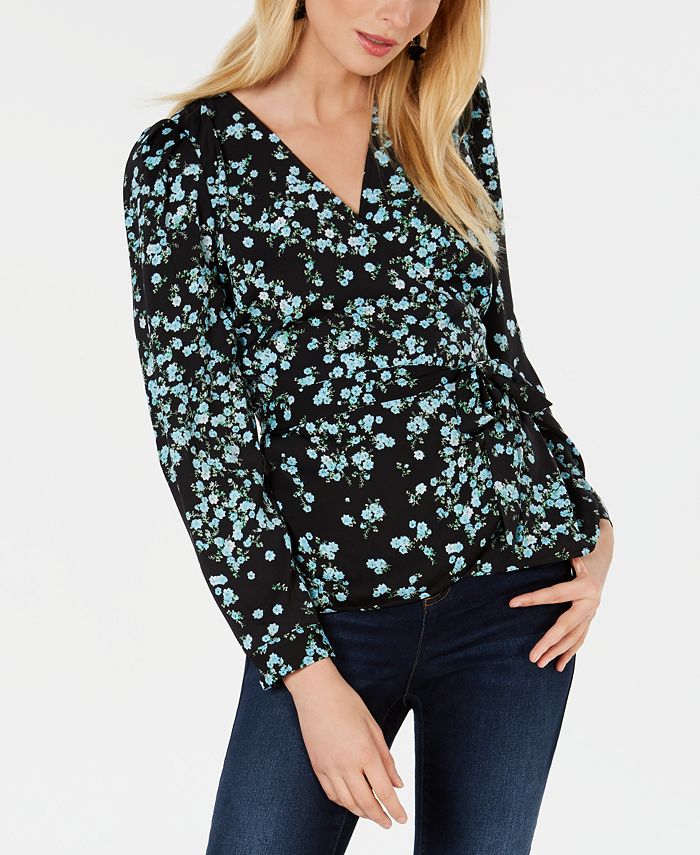 Blusa envolvente estampada feminina INC International Concepts, preta, tamanho pequeno médio