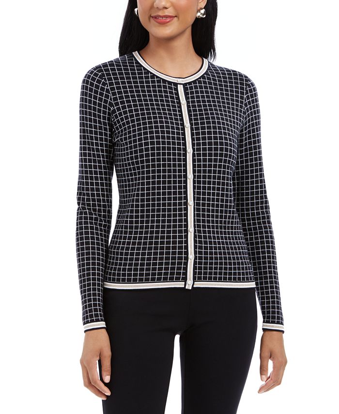 Cardigan feminino Charter Club Petite com acabamento metálico e padrão de grade, preto, tamanho Petite S