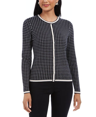 Cardigan feminino Charter Club Petite com acabamento metálico e padrão de grade, preto, tamanho Petite S