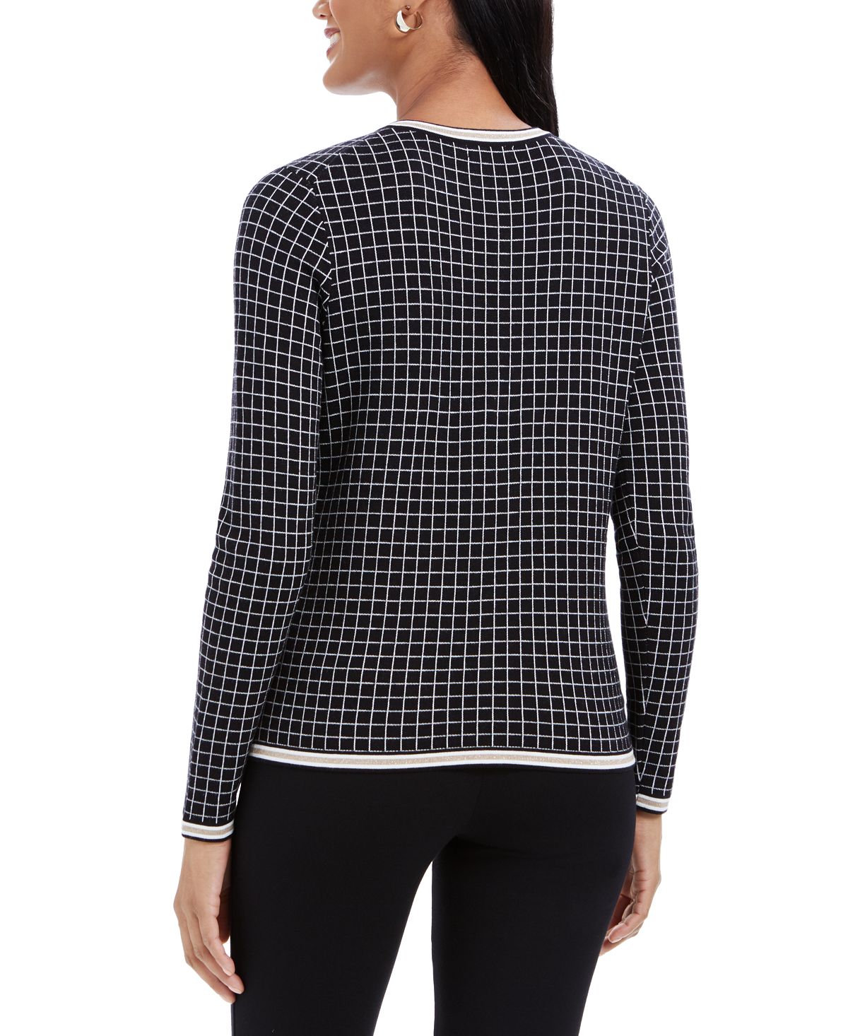 Cardigan feminino Charter Club Petite com acabamento metálico e padrão de grade, preto, tamanho Petite S