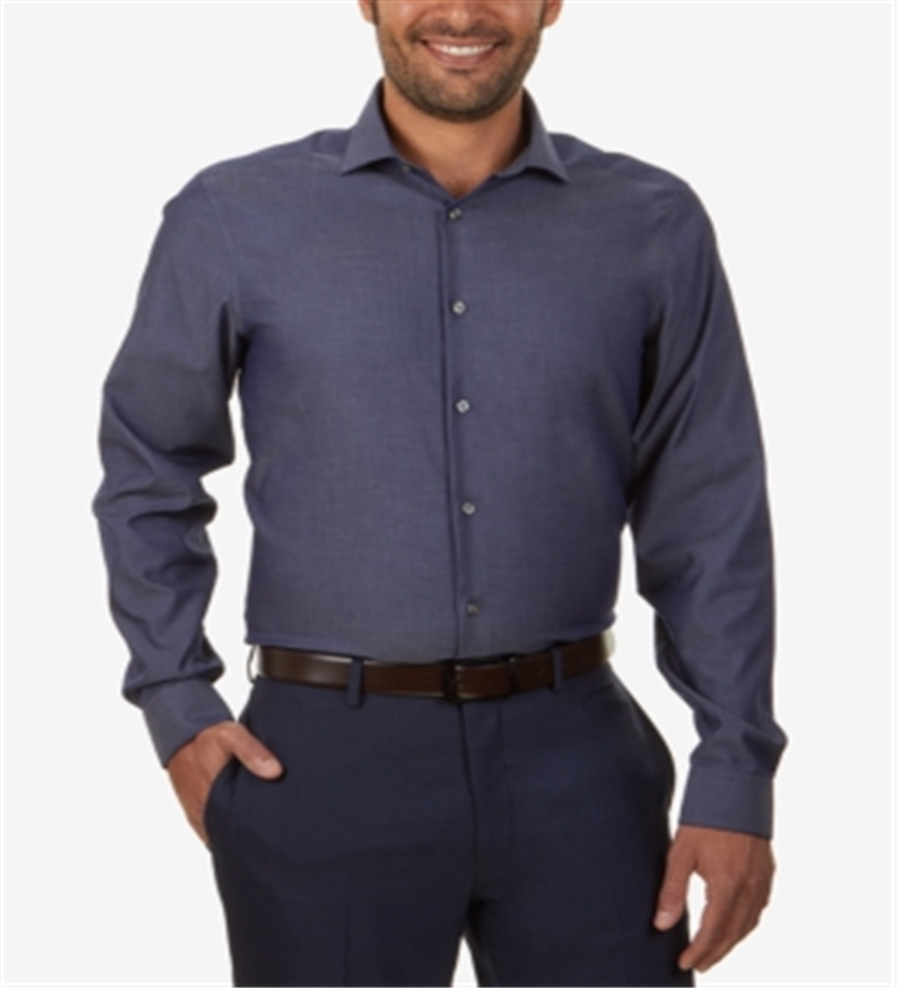 Camisa Calvin Klein Masculina Slim Fit com Botões e Não Passar a Ferro Azul Tamanho 15X34-35