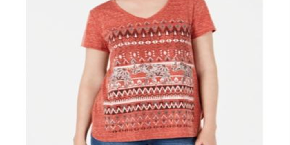 Blusa feminina com decote em V e estampa gráfica estilo &amp; co, laranja, tamanho grande