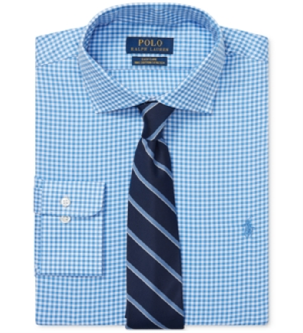 Camisa social masculina Polo Ralph Lauren de algodão xadrez azul, tamanho 17,5 x 32-33