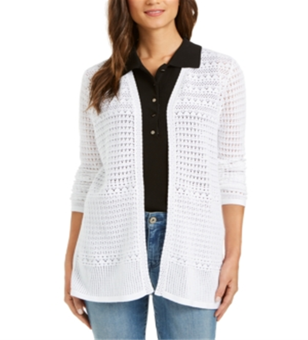 Cardigan feminino de malha Pointelle com frente aberta, tamanho pequeno, branco, Charter Club